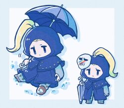  1boy blackmore blonde_hair blue_eyes capelet catch_the_rainbow closed_umbrella coat commentary full_body hair_through_hood high_ponytail highres holding holding_umbrella hood hooded_capelet jitome jojo_no_kimyou_na_bouken kasasagi_(hinagi) long_hair long_sleeves male_focus mask mask_on_head multiple_views ponytail steel_ball_run umbrella untranslatable_commentary water_drop 