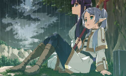  2girls aqua_eyes arm_support black_coat black_pantyhose boots capelet coat commentary_request dress earrings elf fern_(sousou_no_frieren) frieren grass highres jewelry long_hair multiple_girls on_ground open_mouth outdoors pantyhose partial_commentary pointy_ears purple_hair rain shikei shirt sitting skirt sousou_no_frieren striped_clothes striped_shirt violet_eyes white_capelet white_dress white_hair white_skirt 
