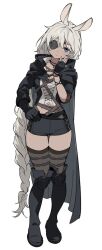  1girl ainsophur animal_ears black_boots black_cloak black_gloves black_shorts black_thighhighs boots braid cloak commentary commission dark-skinned_female dark_skin eyepatch final_fantasy final_fantasy_xiv fingerless_gloves full_body genderswap genderswap_(mtf) gloves head_tilt highres knee_boots long_hair looking_at_viewer mormormorp rabbit_ears short_shorts shorts solo standing thigh-highs viera white_hair 