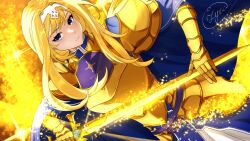  1girl absurdres alice_zuberg armor belt blonde_hair blue_belt blue_cape blue_coat blue_eyes breasts cape closed_mouth coat commentary cowboy_shot cuirass dutch_angle english_commentary fragrant_olive_sword gauntlets glowing glowing_sword glowing_weapon gold_armor headband highres holding holding_sword holding_weapon imlyra light_smile long_hair looking_at_viewer medium_breasts pauldrons shoulder_armor skirt solo sparkle straight_hair sword sword_art_online sword_art_online:_alicization tassets weapon white_headband white_skirt 