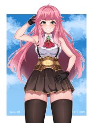 1girl absurdres aivy_lovencraft fanart gem green_eyes highres indie_virtual_youtuber june_176 long_hair looking_at_viewer pink_hair skirt smile thigh-highs thighs virtual_youtuber vtuber vtuberfanart