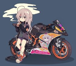  1girl ahoge black_jacket blue_shorts braid can canned_soup denim denim_shorts full_body grey_hair hair_between_eyes highres holding holding_can hoshi_syoko idolmaster idolmaster_cinderella_girls itasha jacket koshimizu_sachiko long_hair long_sleeves motor_vehicle motorcycle no1shyv open_clothes open_jacket orange_shoes shoes shorts single_braid sneakers socks solo standing sweater white_socks 