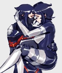  2girls android blue_hair carrying closed_eyes commentary covered_mouth cowboy_shot decayedparasite english_commentary eule_(signalis) facing_another hand_on_another's_back hand_on_another's_head mask mouth_mask multiple_girls princess_carry profile short_hair signalis simple_background smile star_(signalis) white_background yuri 