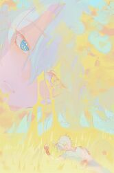  2boys aged_down ahoge alternate_form ancient_greek_clothes artist_name blonde_hair blue_eyes blue_shirt blurry blurry_foreground brown_gloves buttons child clenched_hand closed_eyes collarbone commentary dual_persona fingerless_gloves flower gloves greco-roman_clothes hair_between_eyes hand_on_own_stomach hand_up highres himation honkai:_star_rail honkai_(series) looking_at_another looking_down lying male_focus multiple_boys no_mouth official_alternate_costume official_alternate_eye_color official_alternate_hair_color on_back phainon_(a_dream_scented_in_wheat)_(honkai:_star_rail) phainon_(honkai:_star_rail) phainon_(khaslana)_(honkai:_star_rail) raevixs red_flower shirt short_hair short_sleeves sleeping teeth untranslatable_commentary weeds white_hair yellow_eyes yellow_pupils 