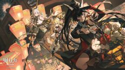  3girls ahoge animal_ear_fluff animal_ears animal_lantern antenna_hair arknights arm_on_knee asymmetrical_legwear belt black_ears black_hair blaze_(arknights) blaze_the_igniting_spark_(arknights) blonde_hair blue_eyes blue_hair boat brown_horns cat_ears cat_girl chest_harness copyright_logo copyright_notice dress elbow_gloves fireworks floating_hair flower framed_cleavage gloves grin hair_between_eyes hair_ornament hairclip half-coat harness high_belt high_ponytail highres holding holding_spoon horns infection_monitor_(arknights) kneehighs lake lantern leizi_(arknights) logo long_hair lotus lotus_leaf multiple_girls official_alternate_costume official_art on_boat paper_lantern pointy_ears ponytail purple_ears rowboat single_elbow_glove single_kneehigh single_sock single_thighhigh sky_lantern sleeveless sleeveless_dress smile socks spoon tangyuan thigh-highs thigh_strap uneven_legwear watercraft white_hair xingzhu_(arknights) z3zz4 