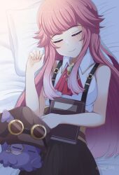 1girl absurdres aivy_lovencraft book closed_eyes closed_mouth craftito fanart goggles goggles_on_head highres indie_virtual_youtuber june_176 long_hair monocle pink_hair sleeping smile virtual_youtuber vtuber vtuberfanart