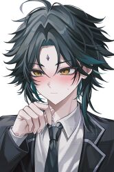  1boy ahoge alternate_costume aqua_hair black_hair black_jacket black_necktie blush closed_mouth collared_shirt diamond-shaped_pupils diamond_(shape) empty_eyes eyeshadow fingernails forehead_jewel formal_clothes gem genshin_impact hair_between_eyes hand_up hashtag-only_commentary highres jacket lapels long_sleeves looking_afar makeup male_focus multicolored_hair necktie open_clothes open_jacket purple_gem red_eyeshadow shirt short_hair shy sidelocks simple_background solo suit suit_jacket sweatdrop symbol-shaped_pupils touyu_1210 two-tone_hair upper_body watermark white_background white_shirt xiao_(genshin_impact) yellow_eyes 