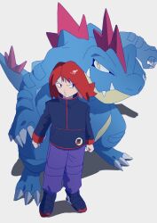  1boy black_boots black_eyes black_jacket boots clenched_hands closed_mouth etsuko_pkmn feraligatr highres jacket long_sleeves male_focus medium_hair pants pokemon pokemon_(creature) pokemon_hgss purple_pants red_hair silver_(pokemon) standing 