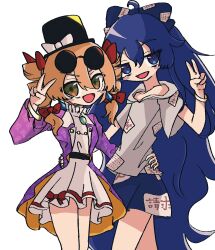  2girls ahoge arm_up belt black_belt black_hat blue_bow blue_eyes blue_hair blue_skirt blush_stickers bow bracelet brooch brown_eyes collarbone commentary cowboy_shot diamond_earrings double-parted_bangs drill_hair earrings eyewear_on_head gold_bracelet grey_hoodie hair_between_eyes hair_bow half-closed_eyes hand_on_another's_back hat hat_bow highres hood hoodie jacket jewelry long_hair long_sleeves looking_at_viewer medium_hair multiple_girls open_mouth orange_hair orange_jacket pearl_body_chain purple_jacket red_bow red_thighhighs root_of_lotus short_sleeves siblings simple_background sisters skirt smile sunglasses thigh-highs top_hat touhou tunic twin_drills two-sided_fabric two-sided_jacket v v-shaped_eyebrows very_long_hair white_background white_bow white_tunic wide_sleeves yorigami_jo'on yorigami_shion 