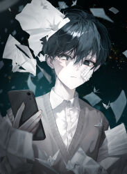  1boy absurdres bandaid bandaid_on_cheek bandaid_on_face black_eyes black_hair buttons cellphone chanyeon closed_mouth collared_shirt commentary grey_sweater hair_between_eyes highres holding holding_phone kim_dokja looking_at_viewer male_focus omniscient_reader's_viewpoint paper phone shirt short_hair smartphone solo sweater upper_body v-neck white_shirt 