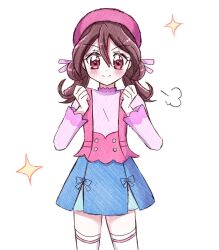  1girl akechi_anna akechi_anna_(cosplay) beret blue_skirt blush brown_hair buttons clenched_hands closed_mouth commentary cosplay cowboy_shot double-breasted double-parted_bangs double_bun hair_between_eyes hair_bun hakuchuu hands_up hat kimi_to_idol_precure long_sleeves looking_at_viewer medium_hair meitantei_precure! miniskirt pink_shirt pleated_skirt precure puff_of_air purple_hat purple_shirt red_eyes sakura_uta_(precure) shirt simple_background skirt smile solo sparkle split_mouth standing straight-on thigh-highs two-tone_shirt white_background white_thighhighs 