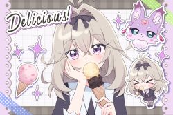  >_< 1girl antenna_hair arm_support black_dress black_ribbon chibi chibi_inset commentary dress fox grey_hair hair_ribbon holding holding_ice_cream_cone ice_cream_cone jewelry light_blush long_hair looking_at_viewer mashu-tan medium_hair meitantei_precure! moria_luluka necklace nyangmomil precure ribbon sidelocks sparkle untranslatable_commentary upper_body violet_eyes 