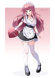 1girl absurdres aivy_lovencraft blush fanart green_eyes highres indie_virtual_youtuber june_176 long_hair maid pink_hair simple_background smile solo thigh-highs valentine virtual_youtuber vtuber vtuberfanart