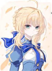 1girl artoria_pendragon_(fate) blonde_hair blue_bow blue_bowtie blue_dress bow bowtie braid braided_bun buttons cleavage_cutout closed_mouth clothing_cutout commentary_request dress fate/stay_night fate_(series) green_eyes hair_between_eyes hair_bow hair_bun juliet_sleeves large_bow leaf long_sleeves looking_at_viewer muryo_55555 puffy_sleeves saber_(fate) short_hair sidelocks simple_background solo striped_bow upper_body wavy_hair white_background 