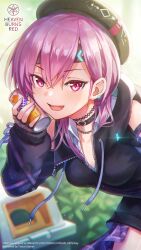  1girl :d \||/ backlighting bare_shoulders beret black_choker black_hat black_hoodie blurry blurry_background blush breasts can can_to_cheek casual chain choker clothing_cutout copyright_name copyright_notice cowboy_shot day double-parted_bangs dutch_angle eyelashes hair_between_eyes hand_up hat heaven_burns_red highres holding holding_can hood hood_down hoodie leaning_forward long_hair long_hoodie looking_at_viewer matsuoka_chiroru matsuoka_chiroru_(secret_coffee_break) medium_breasts official_alternate_costume official_art official_wallpaper open_mouth outdoors pink_hair red_eyes shoulder_cutout sleeves_past_wrists smile solo tsurime zipper 