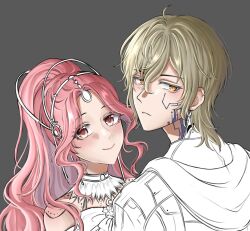  1boy 1girl android blonde_hair bow bowtie brown_eyes caprico_(shining_nikki) choker closed_mouth collared_shirt colored_eyelashes commentary crescent english_commentary expressionless eyelashes feather_trim forehead_jewel grey_background hair_between_eyes hairband happy high_ponytail highres hood hood_down light_blush light_frown lipstick long_hair looking_at_viewer looking_back loose_hair_strand makeup medium_hair nikki_(nikki) nikki_(series) nonoberry22 parted_lips partially_colored pink_hair pink_lips pointy_nose ponytail shining_nikki shirt sidelocks simple_background sleeveless smile unfinished upper_body very_long_hair wavy_hair yellow_eyes 