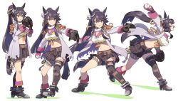  1girl animal_ears asymmetrical_legwear ball bandaged_leg bandages bandaid bandaid_on_face bandaid_on_nose baseball baseball_(object) baseball_mitt belt black_hair boots breasts chest_sarashi coat commentary commentary_request crop_top ear_ornament epaulettes fingerless_gloves from_side gloves grimace highres holding holding_ball horse_ears horse_girl horse_tail large_breasts long_hair motion_blur multiple_views narita_brian_(maverick)_(umamusume) narita_brian_(umamusume) navel nishiki_kazue open_clothes open_coat pitching plaid_clothes plaid_skirt pleated_skirt ponytail progression revision sarashi single_boot single_fingerless_glove single_thigh_boot skirt stomach tail thigh_boots torn_clothes torn_coat umamusume underbust uneven_legwear v-shaped_eyebrows very_long_hair wide-eyed yellow_eyes 