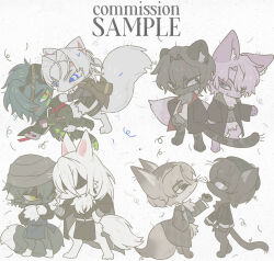  animal_feet animal_hands apron bird_boy black_jacket blue_apron blue_eyes blue_hair blush body_fur brown_coat brown_fur brown_hair brown_jacket brown_tail cat_boy cat_tail chibi chibi_only closed_mouth coat commentary_request commission fox_boy fox_tail frown furry furry_male gamjadog green_eyes grey_eyes hair_over_eyes image_sample jacket korean_commentary multiple_boys neck_fur necktie original pink_fur pink_hair red_necktie red_pupils shaded_face smile tail two-tone_fur 