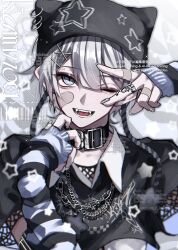  1boy ;d arm_warmers bandaid bandaid_on_cheek bandaid_on_face black_collar black_hat black_shirt blue_eyes blunt_bangs chain chain_necklace collar collared_shirt commentary double-parted_bangs hair_between_eyes hair_ornament hairclip hands_up hat highres jewelry kaminoq looking_at_viewer male_focus necklace one_eye_closed open_mouth original shirt short_hair short_sleeves smile solo star_(symbol) striped_arm_warmers teeth upper_body white_hair x_hair_ornament 