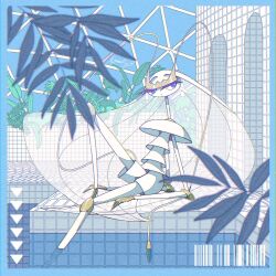  1girl antennae arthropod_girl blue_border blue_pupils border bug closed_mouth cockroach colored_sclera colored_skin fukkatsu_no_maya full_body furry furry_female highres joints long_hair looking_to_the_side pheromosa pokemon pokemon_(creature) poolside purple_sclera simple_background sitting solo translucent_hair violet_eyes white_hair white_skin 