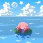  blue_sky blush_stickers closed_eyes clouds floating highres kirby kirby_(series) leaf miclot no_humans ocean pink_footwear reflection reflective_water shoes sky sleeping water 