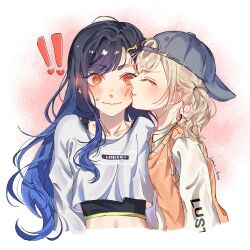  ! !! 2girls @_@ azusawa_kohane baseball_cap black_hair black_hat blonde_hair blue_hair closed_eyes closed_mouth commentary crop_top gradient_hair hat highres kiss kissing_cheek lemon_peony long_hair multicolored_hair multiple_girls orange_eyes orange_sweater_vest project_sekai shiraishi_an shirt short_twintails sweat sweater_vest twintails untranslatable_commentary white_shirt yuri 