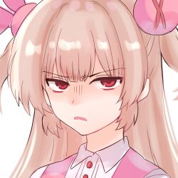  1girl absurdres annoyed frown furrowed_brow glaring hair_ornament highres long_hair looking_at_viewer natori_sana natori_sana_(nurse) open_mouth rabbit_hair_ornament red_eyes rinmaru_(rinrin_mar) sana_channel simple_background solo two_side_up upper_body virtual_youtuber white_background 