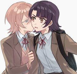  2girls aoki_shizumi backpack bag blue_eyes brown_eyes brown_hair brown_jacket brown_sweater_vest collared_shirt commentary_request hand_on_another's_arm highres jacket kiss kissing_cheek kusunoki_muu medium_hair milgram multiple_girls neck_ribbon nervous_sweating parted_lips purple_hair red_ribbon rei_(milgram) ribbon shirt simple_background sweat sweater_vest upper_body white_background white_shirt yuri 