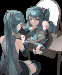  2girls bare_shoulders black_background black_skirt black_sleeves black_thighhighs blue_eyes blue_hair blue_necktie blush closed_mouth crying detached_sleeves dodosaae feet_out_of_frame grey_shirt hair_between_eyes hatsune_miku highres long_hair long_sleeves miniskirt multiple_girls necktie number_tattoo pleated_skirt shirt shoulder_tattoo sitting skirt sleeveless sleeveless_shirt smile tattoo tears thigh-highs through_medium through_mirror tie_clip twintails vocaloid wide_sleeves 