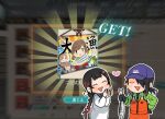  1girl akigumo_(kancolle) annin_musou apron asahi_(kancolle) banner baseball_cap black_gloves black_hair blue_headwear braid brown_hair fish gloves gradient_hair green_shirt hair_over_one_eye hat kantai_collection kappougi kazagumo_(kancolle) long_braid long_hair makigumo_(kancolle) multicolored_hair official_alternate_costume orange_pants orange_vest pants saury shirt sidelocks single_braid solo vest yamashio_maru_(kancolle) yuugumo_(kancolle) 