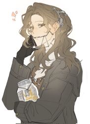  1girl black_gloves braces brown_eyes brown_hair coat from_side gloves grey_coat hand_up highres holding holding_jar jar long_hair looking_at_viewer mulkkachi notice_lines reverse:1999 shirt solo tooth_fairy_(reverse:1999) upper_body white_background white_shirt 