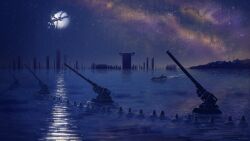  absurdres artillery building commentary english_commentary erricasart highres horizon moon no_humans ocean outdoors reflection reflective_liquid scenery signalis sky star_(sky) starry_sky water 
