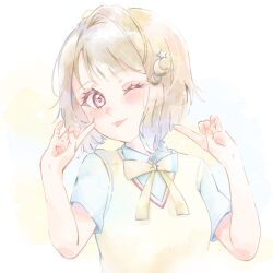  1girl ;p blue_shirt blush bob_cut brown_hair collared_shirt commentary_request crescent crescent_hair_ornament fingers_to_cheeks hair_ornament highres inverted_bob looking_at_viewer love_live! love_live!_nijigasaki_high_school_idol_club mugiyounicos2 nakasu_kasumi nijigasaki_school_uniform one_eye_closed pink_eyes school_uniform shirt short_sleeves solo star_(symbol) star_hair_ornament summer_uniform sweater_vest tongue tongue_out upper_body yellow_background yellow_sweater_vest 