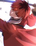  1boy black_hair black_shirt blurry closed_mouth coat collared_shirt commentary_request debris highres holding holding_weapon long_sleeves looking_at_viewer male_focus multicolored_hair orange_eyes red_coat redhead rinzawa shirt short_hair solo sousou_no_frieren stark_(sousou_no_frieren) swinging two-tone_hair upper_body weapon white_background 