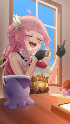 1girl aivy_lovencraft braco closed_eyes craftito fanart gloves highres indie_virtual_youtuber long_hair monocle open_mouth pink_hair sleeveless smile tea vtuber vtuberfanart