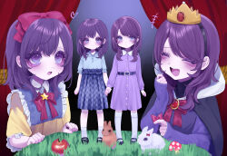  +++ 2girls :d ^_^ absurdres aegyo_sal aged_down ankle_socks apple asahina_mafuyu asahina_mafuyu's_mother bare_arms belt black_background black_belt black_capelet black_hairband black_shoes blue_background blue_shirt blue_skirt blush bow bowtie brooch brown_rabbit buttons capelet closed_eyes closed_mouth collared_dress collared_shirt commentary_request crown curtains dress food frilled_skirt frilled_sleeves frills fruit full_body gradient_background grass hair_bow hairband heart highres holding holding_hands jewelry jishou_210 kneehighs long_sleeves looking_at_another looking_at_viewer mary_janes medium_dress medium_hair medium_skirt mother_and_daughter multiple_girls mushroom on_ground open_mouth patterned_clothing project_sekai puffy_long_sleeves puffy_sleeves purple_dress purple_hair rabbit red_bow red_bowtie shirt shoes short_sleeves simple_background skirt sleeves_past_wrists smile socks standing star_brooch teeth time_paradox tongue upper_body upper_teeth_only violet_eyes white_rabbit_(animal) white_socks 