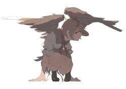  1girl 4qw5 absurdres animal_on_head arm_support bird bird_girl bird_on_head bird_wings brown_hair brown_skirt closed_mouth collared_shirt commentary english_commentary expressionless full_body hands_on_ground highres looking_to_the_side multicolored_hair necktie niwatari_kutaka on_head puffy_short_sleeves puffy_sleeves red_necktie red_streaks shade shirt shoes short_hair short_sleeves simple_background skirt solo squatting streaked_hair tiptoes touhou two-tone_hair white_background white_shirt wings 