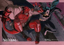  2boys bat_mask batman batman_(series) batman_symbol belt black_cape bodysuit cape colored_skin cowl dc_comics demon_boy dwamsart grey_bodysuit hellboy hellboy_(comic) highres male_focus multicolored_bodysuit multiple_boys muscular muscular_male red_skin superhero_costume taut_bodysuit two-tone_bodysuit utility_belt 