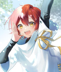  1boy :d arm_up black_shirt cross-laced_slit dappled_sunlight day flower hair_between_eyes hair_flower hair_ornament hairclip hanasaki_miyabi hanasaki_miyabi_(1st_costume) hand_to_own_mouth highres holostars layered_sleeves light_blush long_sleeves looking_at_viewer luma8b male_focus red_hair ribbon shirt short_hair short_over_long_sleeves short_sleeves smile solo sunlight teeth tree upper_body upper_teeth_only virtual_youtuber white_shirt yellow_eyes yellow_ribbon 