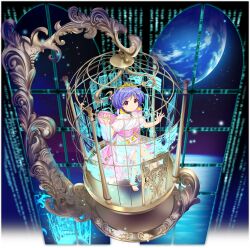  1girl alternate_costume antenna_hair back_bow barefoot birdcage black_choker bow cage choker closed_mouth crescent crescent_earrings dress earrings earth_(planet) full_body game_cg highres holographic_monitor in_cage jewelry looking_at_viewer official_art pink_bow pink_eyes planet purple_hair rotte_(1109) short_hair solo sukuna_shinmyoumaru third-party_source toes touhou touhou_lostword transparent_background white_dress 