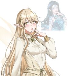  1girl blonde_hair breasts bright_pupils brooch collared_shirt commentary cowboy_shot english_commentary eyelashes fairy fairy_wings game_screenshot_inset gem genderswap genderswap_(mtf) green_gem hair_between_eyes hand_on_own_chin happy high_collar highres jewelry laurel_crown light_blush lipstick long_hair long_sidelocks long_sleeves ludwig_(shining_nikki) makeup medium_breasts nikki_(series) noctis_arcanum_lumen_(shining_nikki) nonoberry22 parted_lips pink_lips pointy_ears puffy_long_sleeves puffy_sleeves reference_inset screenshot_inset shining_nikki shirt sidelocks simple_background smile veil very_long_hair wavy_hair white_background white_pupils white_shirt white_veil wings yellow_eyes yellow_wings 