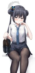  1girl absurdres black_hair black_pantyhose black_shoes black_skirt blue_archive blue_necktie butterfly_hair_ornament collared_shirt commentary_request double_bun grey_eyes hair_bun hair_ornament halo hand_up highres holding holding_shoes holding_unworn_clothes kisaki_(blue_archive) loafers long_hair looking_at_viewer minazuki_(uraha246) necktie pantyhose parted_lips shirt shoes short_sleeves simple_background sitting skirt solo unworn_shoes white_background white_shirt 