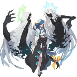  1boy 2girls black_flower black_gloves black_skin black_skirt blue_hair blue_halo bow braid cloak closed_mouth colored_skin dizzy_(guilty_gear) elbow_gloves fingerless_gloves flower gloves green_halo guilty_gear guilty_gear_strive hair_flower hair_ornament halo highres long_hair long_skirt monster_girl multiple_girls necro_(guilty_gear) official_art queen_dizzy red_eyes ribbon side_slit skirt smile tail tail_ornament tail_ribbon transparent_background undine_(guilty_gear) very_long_hair white_cloak white_flower white_hair yellow_bow 