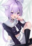  1girl absurdres ahoge animal_ear_fluff animal_ears black_collar black_socks blush cat_ears cat_girl cat_tail collar fang highres hololive looking_at_viewer medium_hair navel nekomata_okayu nekomata_okayu_(3rd_costume) official_alternate_costume open_mouth purple_shirt sailor_collar shirt shorts skin_fang socks solo tail virtual_youtuber white_sailor_collar white_shorts yuuyu_(moco20111115) 