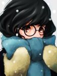  1girl black-framed_eyewear black_hair blue_scarf brown_eyes covered_mouth enpera glasses grey_background hands_up highres long_hair looking_at_viewer mittens original palu_coffee portrait round_eyewear scarf scarf_over_mouth snowing solo winter yellow_mittens 