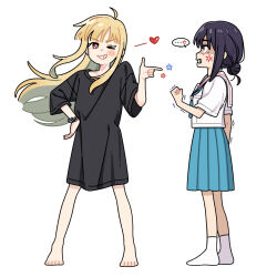  >_o ... 2girls ahoge bbim_jae black_hair black_shirt blue_sky blush cho_kaguya-hime! clenched_hand clenched_teeth collarbone full_body grin hair_bun hand_on_own_hip hashtag-only_commentary heart highres kaguya_(cho_kaguya-hime!) long_hair long_shirt looking_at_another mole mole_under_eye multiple_girls one_eye_closed pleated_skirt pointing pointing_at_another red_eyes sakayori_iroha school_uniform serafuku shaded_face shirt short_sleeves single_hair_bun skirt sky smile spoken_ellipsis spoken_heart star_(symbol) teeth trembling white_background yuri 