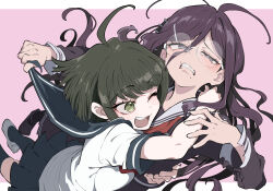  2girls ;d black_shirt blush brown_hair commentary_request danganronpa_(series) danganronpa_another_episode:_ultra_despair_girls enouchi_ai fukawa_toko glasses grin hug long_hair long_sleeves mole mole_under_mouth multiple_girls naegi_komaru one_eye_closed pink_background pulling_another's_clothes revision round_eyewear sailor_collar shirt shoes short_sleeves smile teeth thigh-highs torn_clothes torn_shirt upper_teeth_only white_background white_sailor_collar white_shirt 