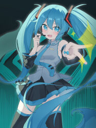  1girl :d absurdres aqua_eyes aqua_hair aqua_nails aqua_necktie aqua_trim black_skirt black_sleeves black_thighhighs collared_shirt commentary cowboy_shot detached_sleeves fingernails grey_shirt hair_between_eyes hair_ornament hand_up hatsune_miku headphones highres kh_jing_shui_tong legs_apart long_hair long_sleeves looking_at_viewer microphone nail_polish necktie open_mouth outstretched_arm pleated_skirt shirt skirt sleeveless sleeveless_shirt smile solo thigh-highs twintails v very_long_hair vocaloid 