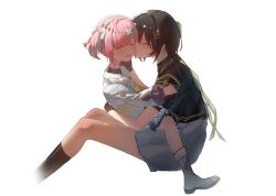  2girls :d ^_^ adoptive_parent_and_adoptive_child aemeath_(wuthering_waves) aemeath_(young)_(wuthering_waves) affectionate age_difference backlighting black_capelet black_gloves black_hair black_socks blush bob_cut boots capelet child chinese_commentary closed_eyes commentary_request cropped_legs dress fang female_rover_(perpetual_spark)_(wuthering_waves) female_rover_(wuthering_waves) from_side fur-trimmed_boots fur-trimmed_dress fur_trim gloves gold_necklace grey_boots grey_skirt hair_ornament hair_ribbon hairband happy head_chain jewelry kiss kissing_cheek kneehighs knees_up long_sleeves miniskirt mother_and_daughter multiple_girls necklace onee-loli pendant pink_hair pleated_skirt ribbon rover_(wuthering_waves) school_uniform short_dress short_hair short_sleeves short_twintails sidelocks simple_background sitting skirt smile socks straddling twintails u_u variant_set white_background white_dress white_hairband white_ribbon wuthering_waves yellow_ribbon yu_jing_qian_yin_kikno 