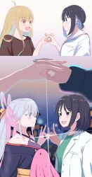  3girls absurdres black_hair black_shirt blonde_hair blue_hair blue_kimono blue_nails blue_neckerchief blush breasts brown_eyes chai_haru cho_kaguya-hime! closed_mouth colored_inner_hair commentary_request fox_shadow_puppet fox_shadow_puppet_kiss green_eyes green_shirt hair_rings highres interlocked_fingers japanese_clothes kaguya_(cho_kaguya-hime!) kimono lab_coat long_hair medium_breasts mole mole_under_eye multicolored_hair multiple_girls nail_polish neckerchief off_shoulder open_mouth pink_hair pink_nails runami_yachiyo sailor_collar sakayori_iroha shirt short_hair twintails white_hair white_sailor_collar white_shirt yuri 